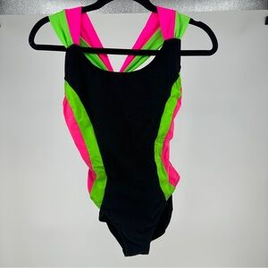 Women’s 9/10 Vintage 80’s Gloria Vanderbilt Black Pink‎ Green One Piece Swimsuit